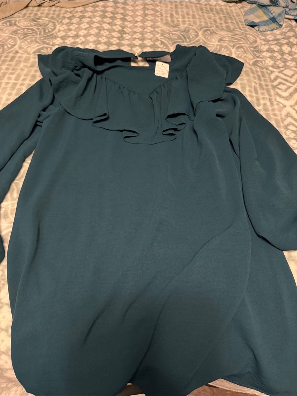 Ruffled Teal Long-Sleeve Womens Dress